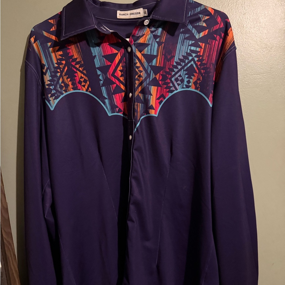 Blue Western Button Down Shirt with Embroidered Details